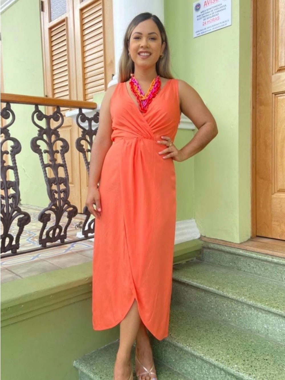Coral Sleeveless Twist-Front Midi Dress
